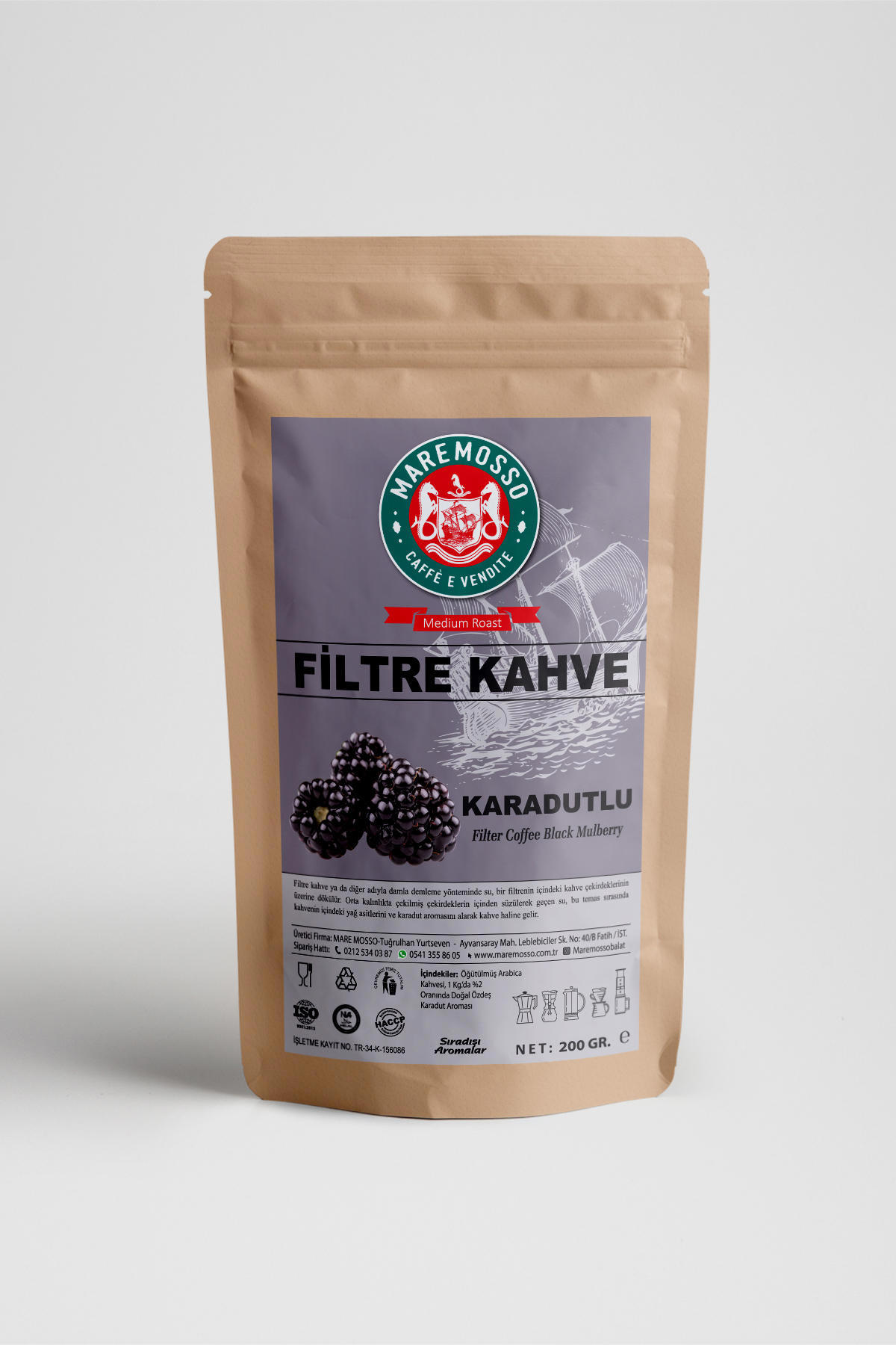 Mare Mosso Karadut Aromalı Öğütülmüş Filtre Kahve 200 Gr.