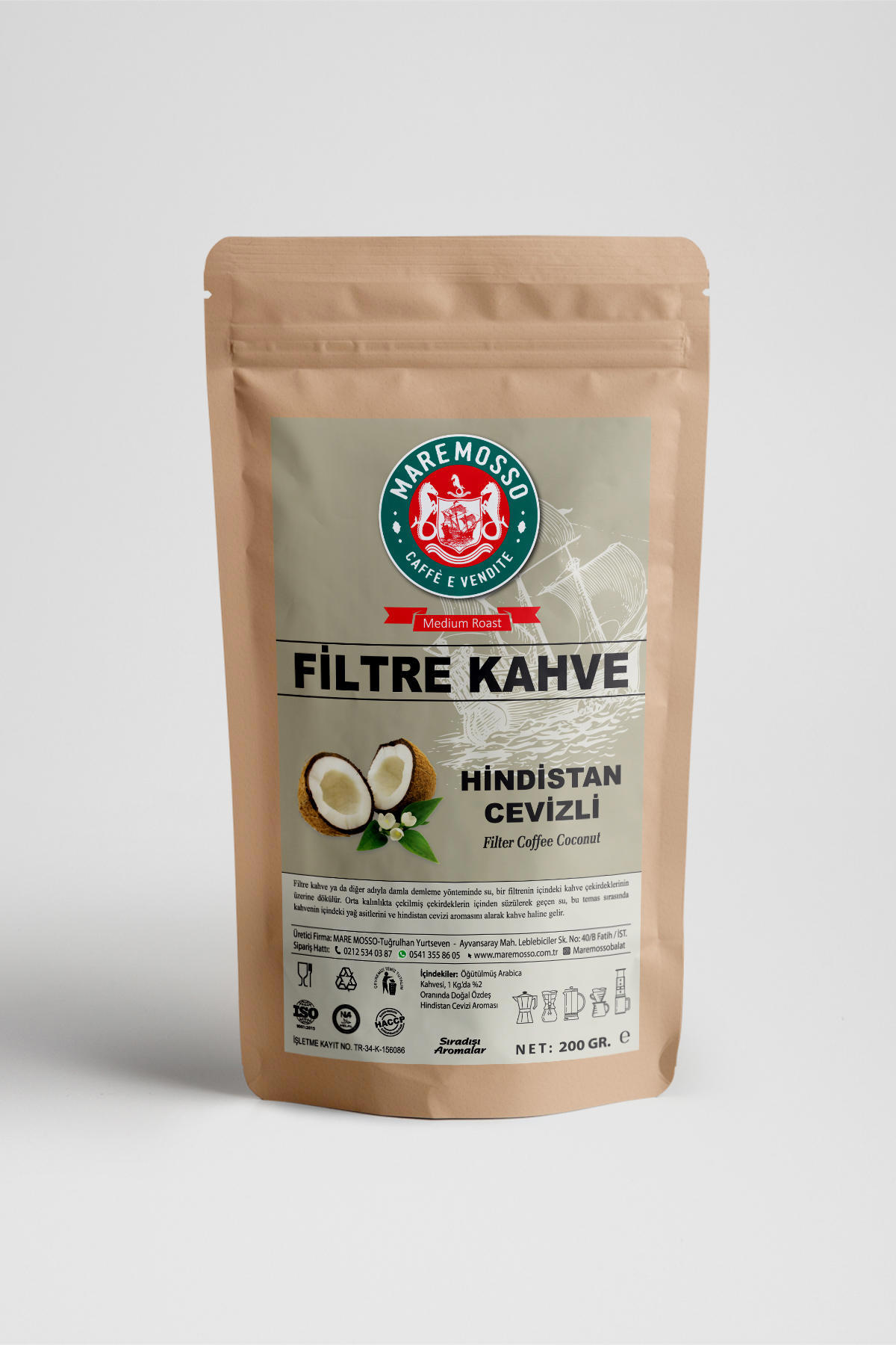 Mare Mosso Hindistan Cevizi Aromalı Öğütülmüş Filtre Kahve 200 Gr.
