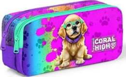 Coral High Mor-Pembe Desenli Pvc-Kumaş Bölmeli Çift Gözlü Köpekli Dikdörtgen Kutu Kalemlik