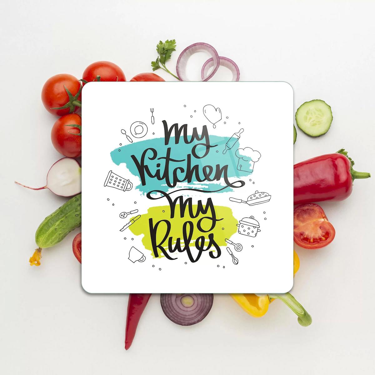 Decovetro Kare My Kitchen Rules Desenli 30x30 Cam Orta Boy Çok Renkli Kesme Tahtası