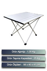 Ecuy 56x40 cm Çantalı Dikdörtgen Alüminyum Gövdeli Gri Kamp Masası