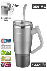 Vagonlife Rotate Handle Paslanmaz Çelik 950 ml Pipetli Outdoor Bardak Termos Silver