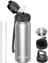Goppus Sport Paslanmaz Çelik 600 ml Pipetli Outdoor Matara Termos Gümüş - İnox