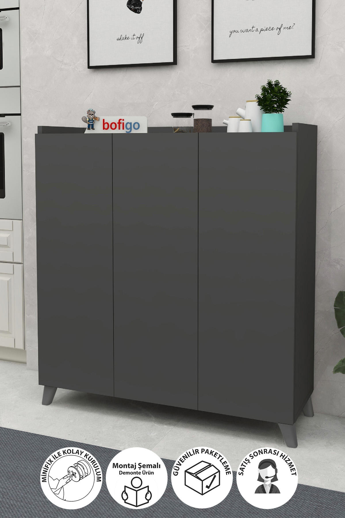 Bofigo 3 Kapaklı 4 Raflı Çok Amaçlı Dolap Antrasit 103x90x30 cm