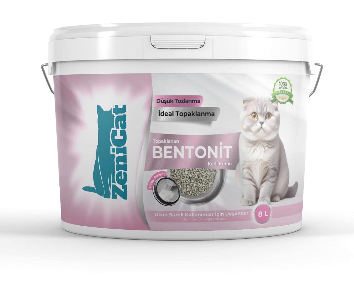 ZeniCat Bebek Pudrası Kokulu Topaklanan İnce Taneli Bentonit Kedi Kumu 8 lt