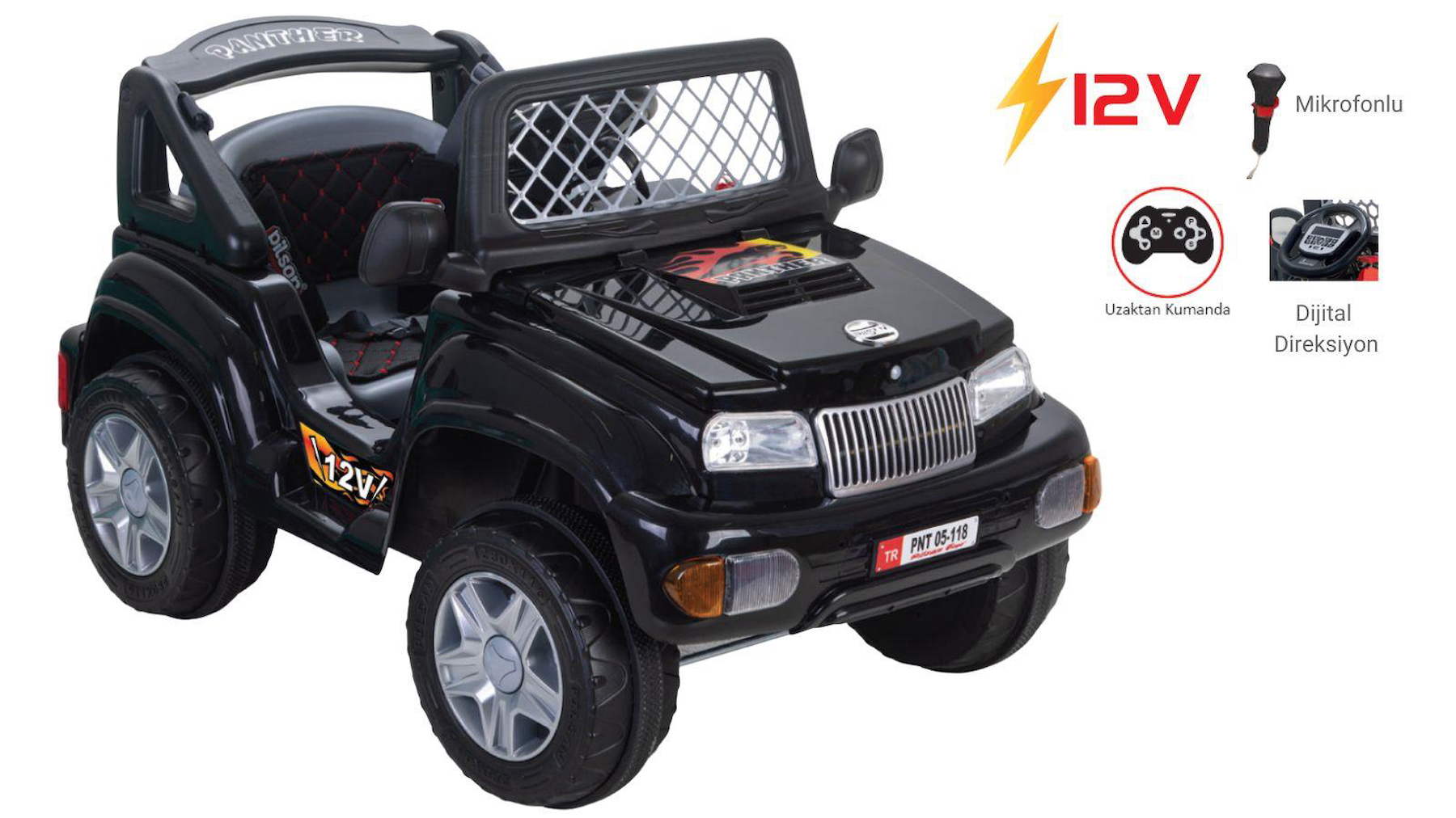 Pilsan Panther 12 V Üstü Açık İki Kişilik Akülü Araba Siyah