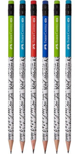 Faber-Castell Caligraphy Desenli 6'lı Silgili Yuvarlak Siyah HB Kurşun Kalem Seti