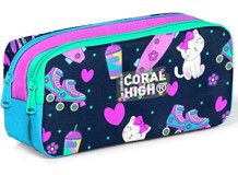 Coral High 12091 Lacivert - Pembe Desenli Kumaş Bölmeli Çift Gözlü Kedili Dikdörtgen Cüzdan Kalemlik