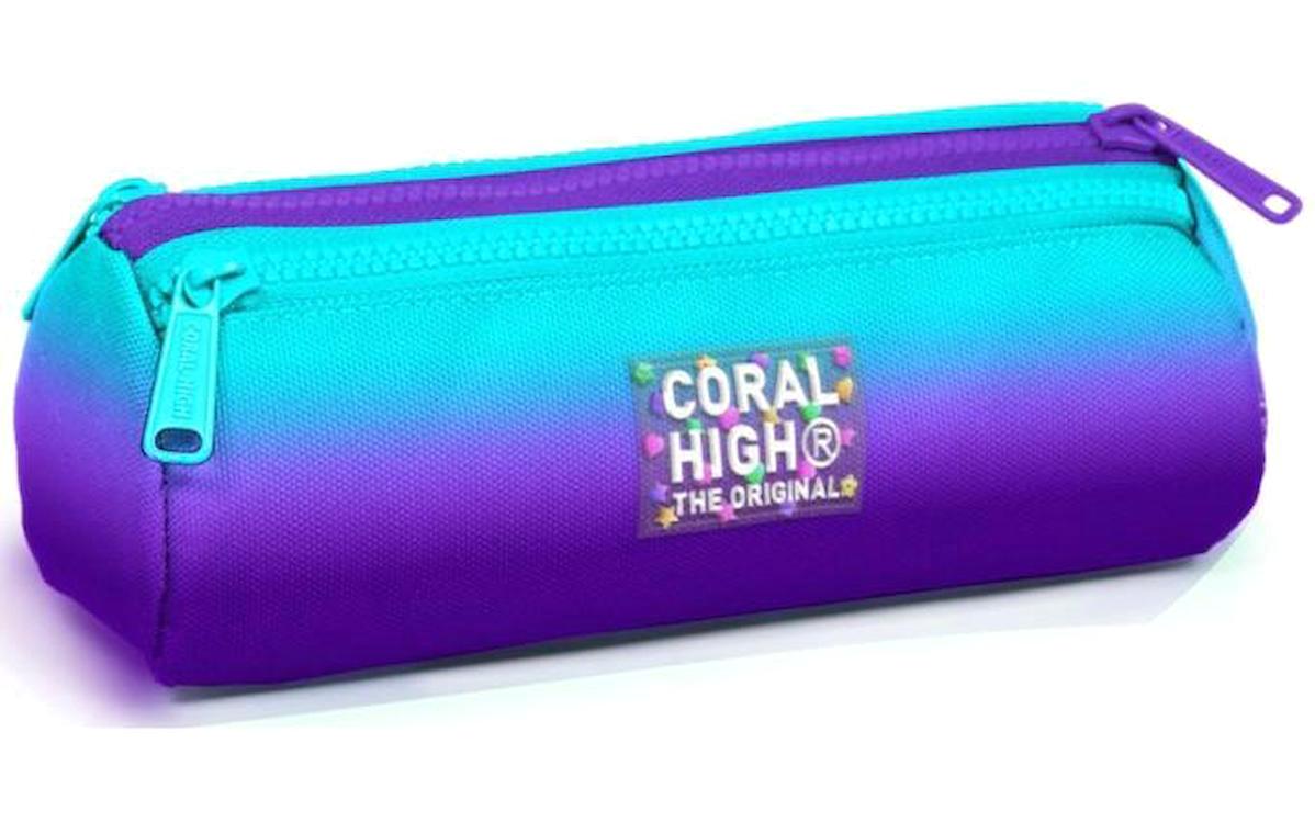 Coral High 22063 Mor-Turkuaz Desenli Bez Bölmeli 3 Gözlü Renk Geçişli Silindir Cüzdan Kalemlik