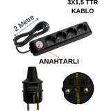 Avarson 3500 W Kalın Topraklı Anahtarlı 4'lü 2 m Uzatma Kablosu Siyah