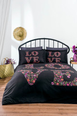 Özdilek Love Bouquet Pamuk 160x220 cm Çarşaflı Düz Renk Tek Kişilik Nevresim Takımı Siyah