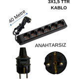 Avarson 3500 W Kalın Topraklı 6'lı 40 m Uzatma Kablosu Siyah
