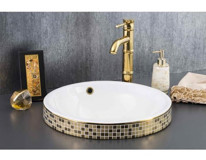 Lena E-3053A Dekoratif Tekli 60 cm Porselen Tezgah Üstü Yuvarlak Lavabo Beyaz