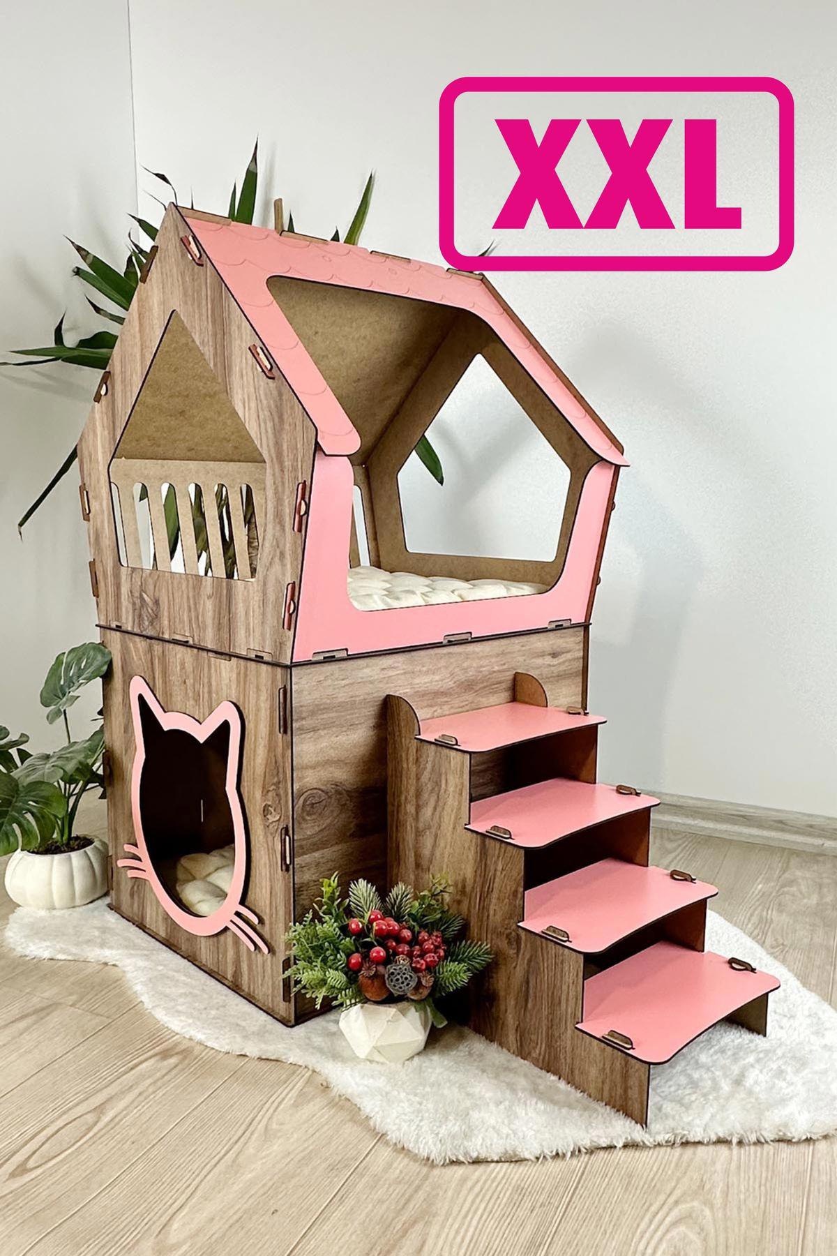 Mavitrend Dikdörtgen 2 Katlı İç Mekan Ahşap Kedi Evi Kahve - Pembe