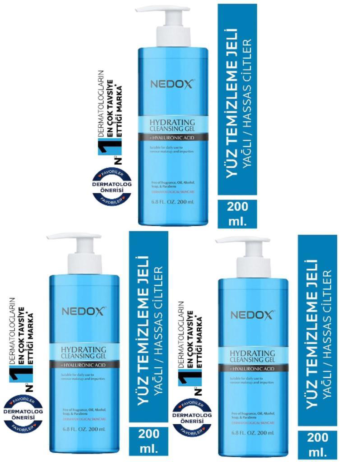 Nedox Hydrating Alkolsüz Yağlı ve Hassas Ciltler Su Bazlı Yüz Temizleme Jeli 3x200 ml