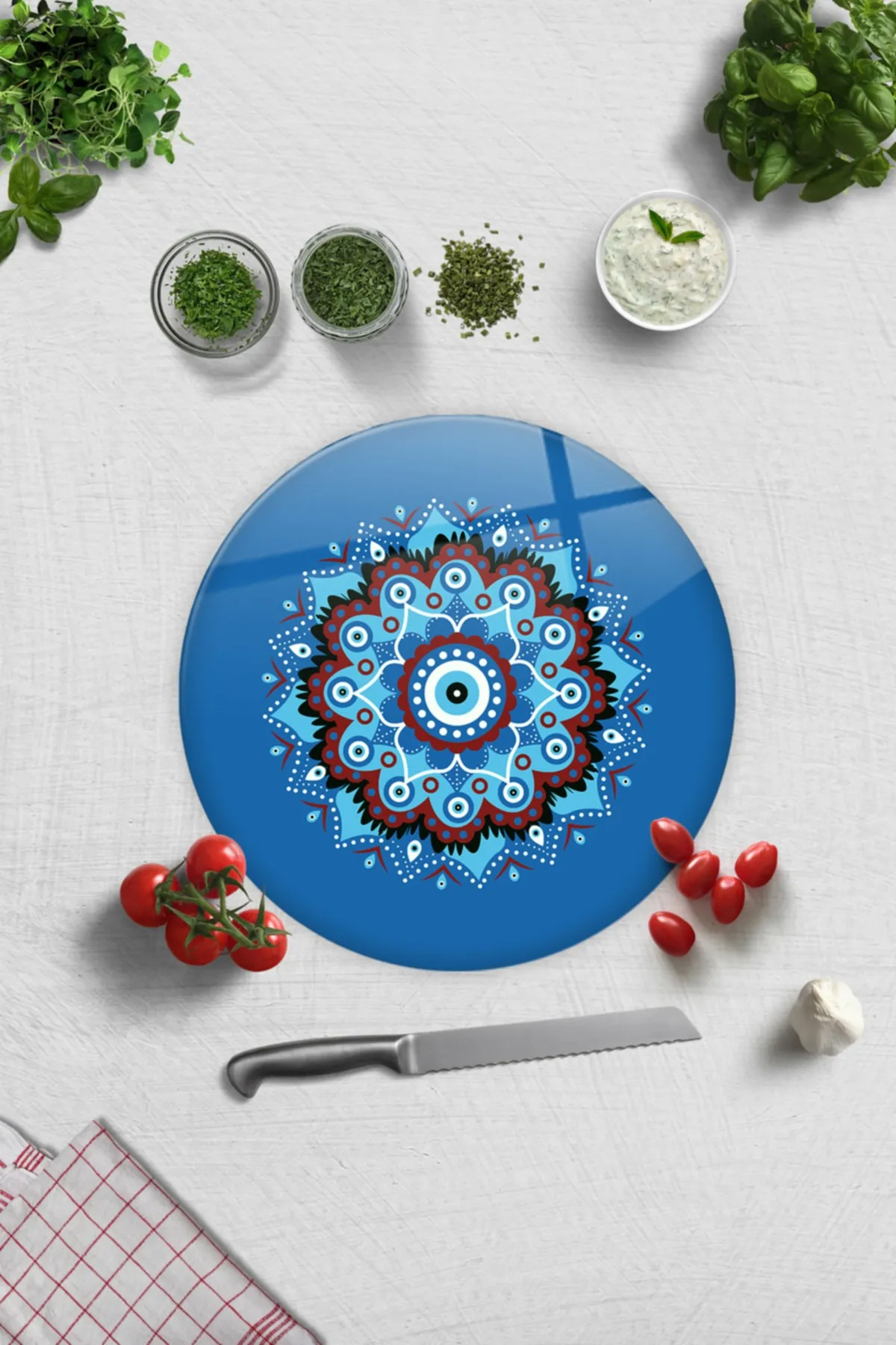 Decorita Mandala Nazar Boncuğu Cam Büyük Mavi Kesme Tahtası