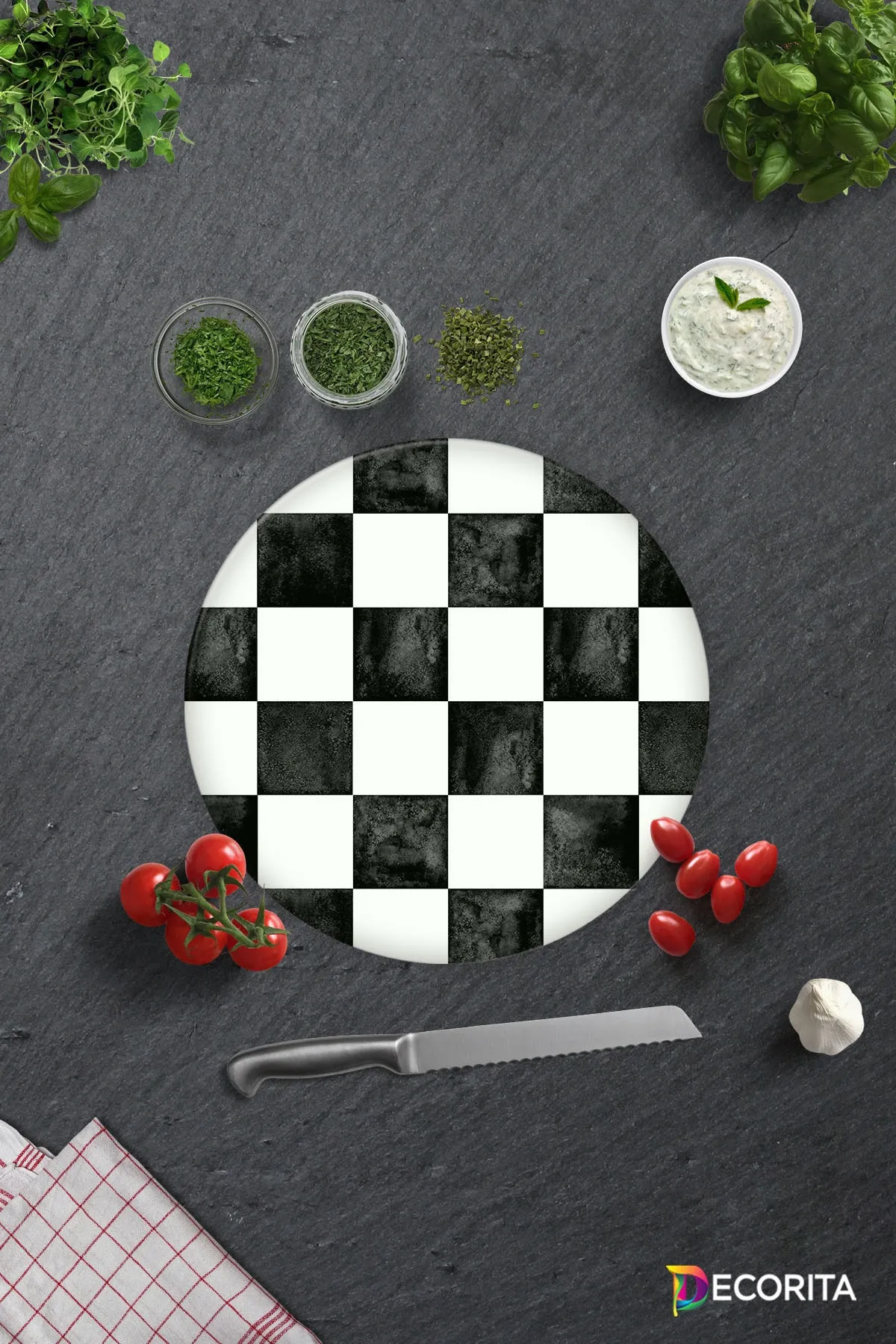Decorita Damalı Desen Cam Orta Siyah-Beyaz Kesme Tahtası