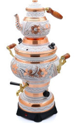 Eriza İşlemeli 1000 W 4 lt Bakır Tek Demlikli Tek Musluklu Bakır Elektrikli Semaver Beyaz
