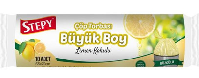 Stepy Limon Kokulu Şeffaf Büzgülü Büyük Boy 65x70 cm Çöp Poşeti 10 Adet Sarı