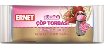 Ernet Çilek Kokulu Büzgülü Büyük Boy 65x70 cm Çöp Poşeti 15 Adet Pembe