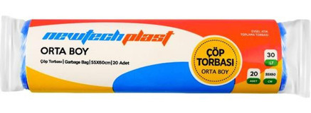 Newtechplast Orta Boy 55x60 cm Çöp Poşeti 20 Adet Mavi