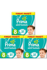 Prima Aktif Bebek 8 Numara Cırtlı Bebek Bezi 3x31 Adet