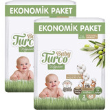 Baby Turco Doğadan 2 Numara Göbek Oyuntulu Bantlı Bebek Bezi 2x68 Adet