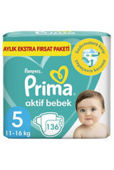 Prima Aktif Bebek 5 Numara Cırtlı Bebek Bezi 136 Adet