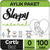 Sleepy Natural Aylık Paket Prematüre 0 Numara Organik Cırtlı Bebek Bezi 100 Adet