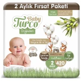 Baby Turco Doğadan 2 Numara Göbek Oyuntulu Bantlı Bebek Bezi 420 Adet