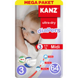 Kanz Ultra-Dry Midi 3 Numara Cırtlı Bebek Bezi 64 Adet