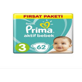 Prima Aktif Bebek Midi 3 Numara Cırtlı Bebek Bezi 62 Adet