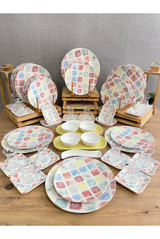 Demet Çeyiz Colors Yuvarlak Desenli 60 Parça 12 Kişilik Stoneware Kahvaltı Takımı Çok Renkli