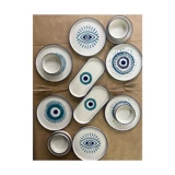Kevin Seramik Evil Eyes Desenli 14 Parça 6 Kişilik Seramik Kahvaltı Takımı Beyaz