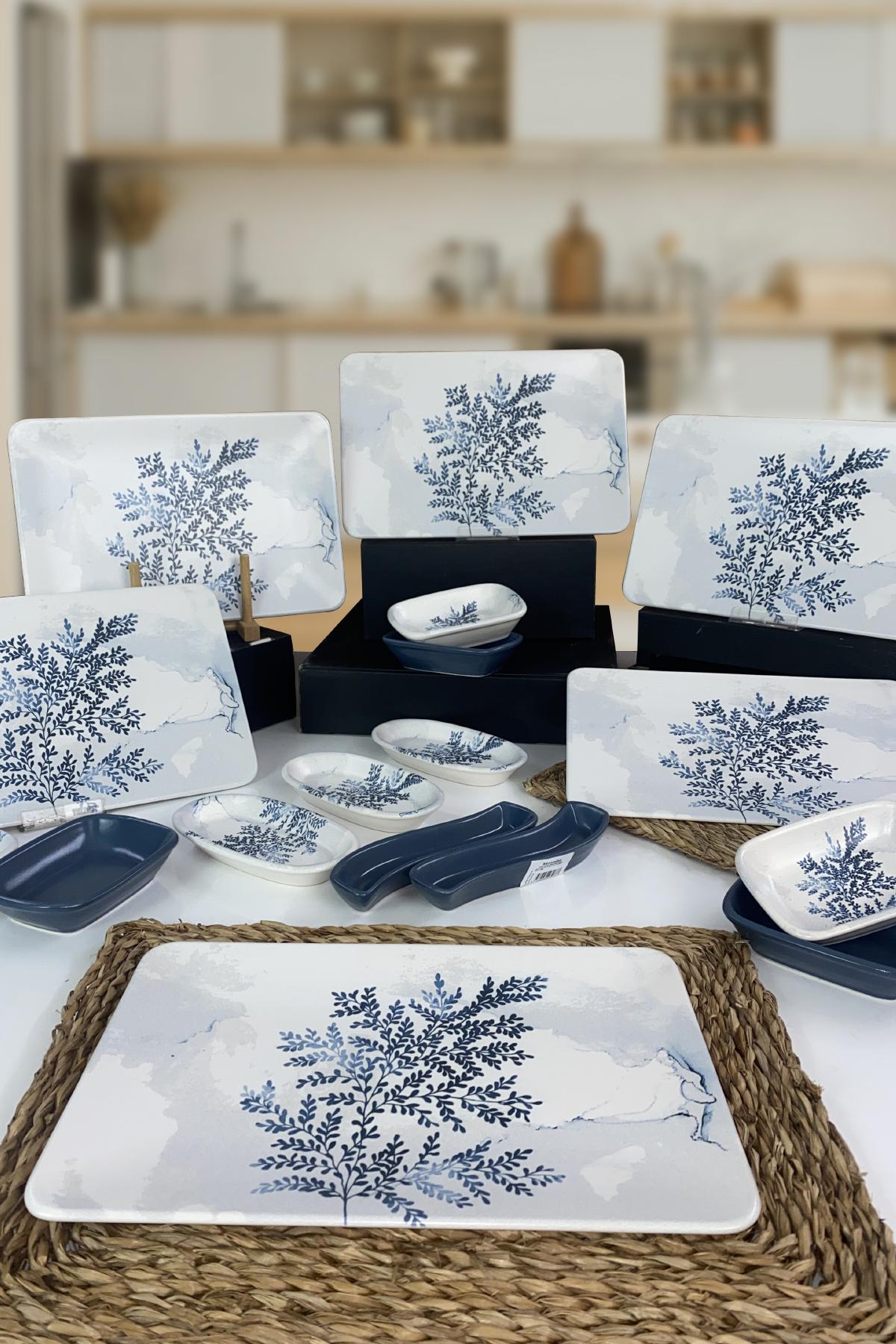 Keramika Blue Magic Dikdörtgen Desenli 17 Parça 6 Kişilik Stoneware Kahvaltı Takımı Beyaz
