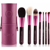 Zoreya 7'li Allık Eyeliner Far Makyaj Fırça Seti + Deri Kutu Mor