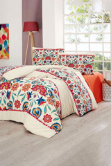 Vionel Home Pamuk Dört Mevsim 200 x 220 cm Çiçekli Çift Kişilik Nevresim Takımı Krem Turuncu