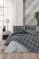 Tabu Home Pamuk Dört Mevsim 200 x 220 cm Kareli Çift Kişilik Nevresim Takımı Gri
