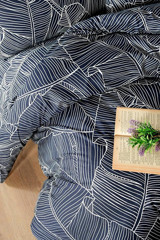 Mulberry Ranforce Dört Mevsim 200 x 220 cm Çizgi Yaprak Çift Kişilik Nevresim Takımı Lacivert