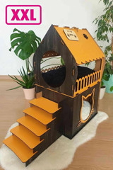 Mavi Trend Üçgen İki Katlı İç Mekan Ahşap Kedi Evi Koyu Kahverengi Turuncu
