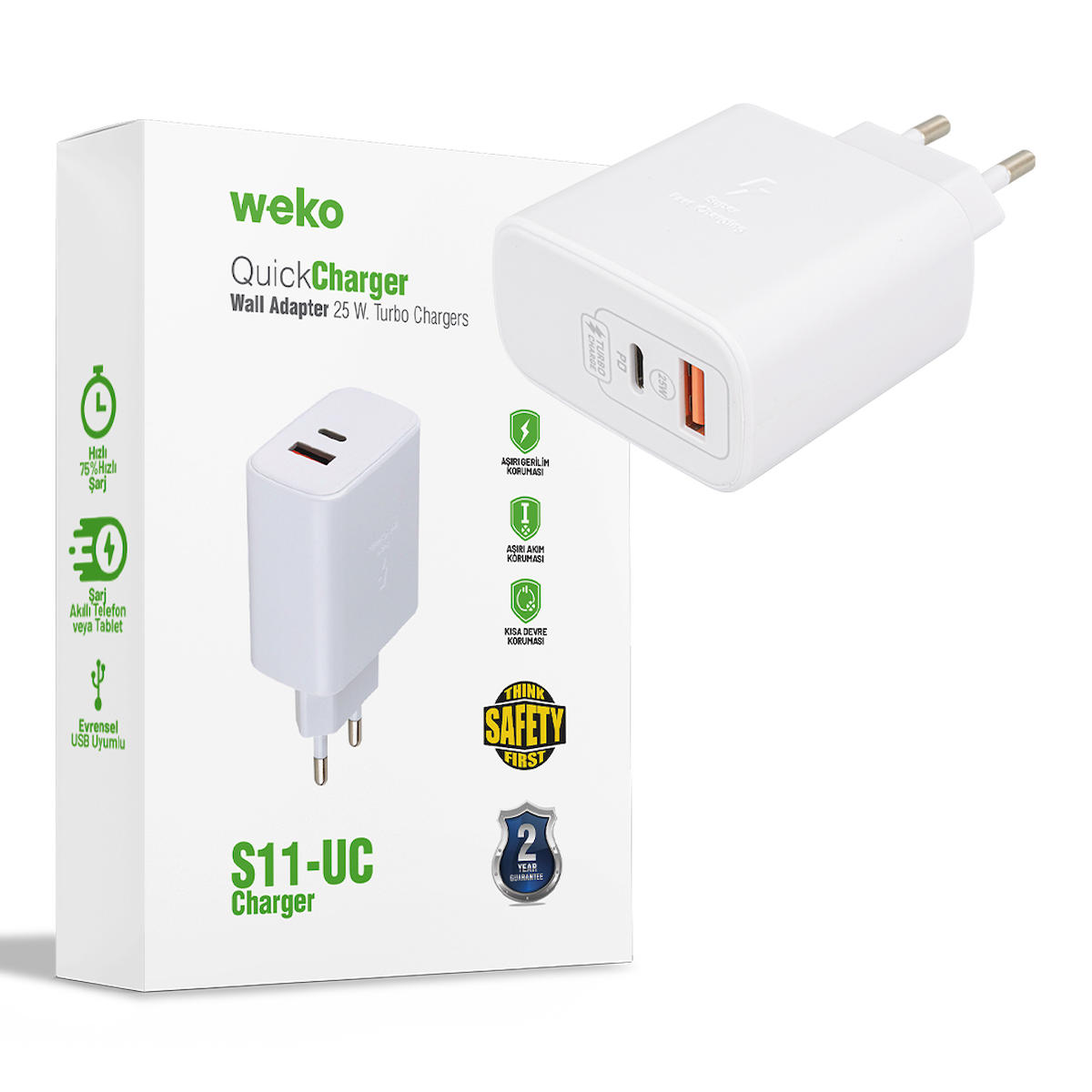 Weko WK-21446 Universal Type-C Kablolu 25 W Hızlı Şarj Aleti Beyaz