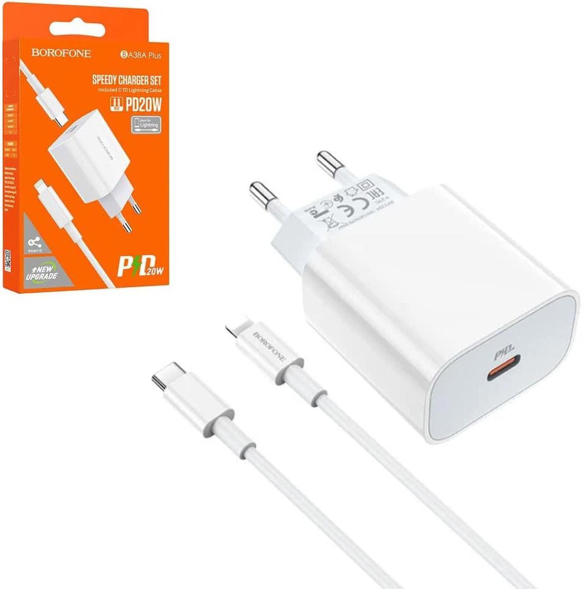 Borofone BA38A iPhone Lightning - Type-C Kablolu 20 W Hızlı Şarj Aleti Beyaz
