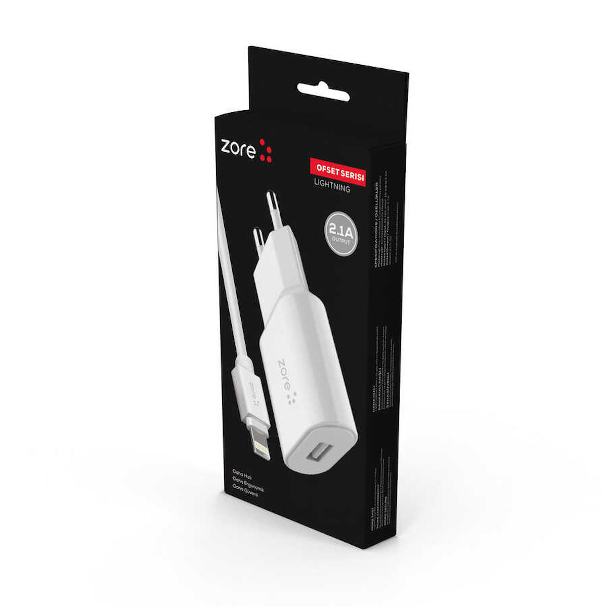 Zore ZCS-02 iPhone Lightning Kablolu 2.1 Amper Hızlı Şarj Aleti Beyaz