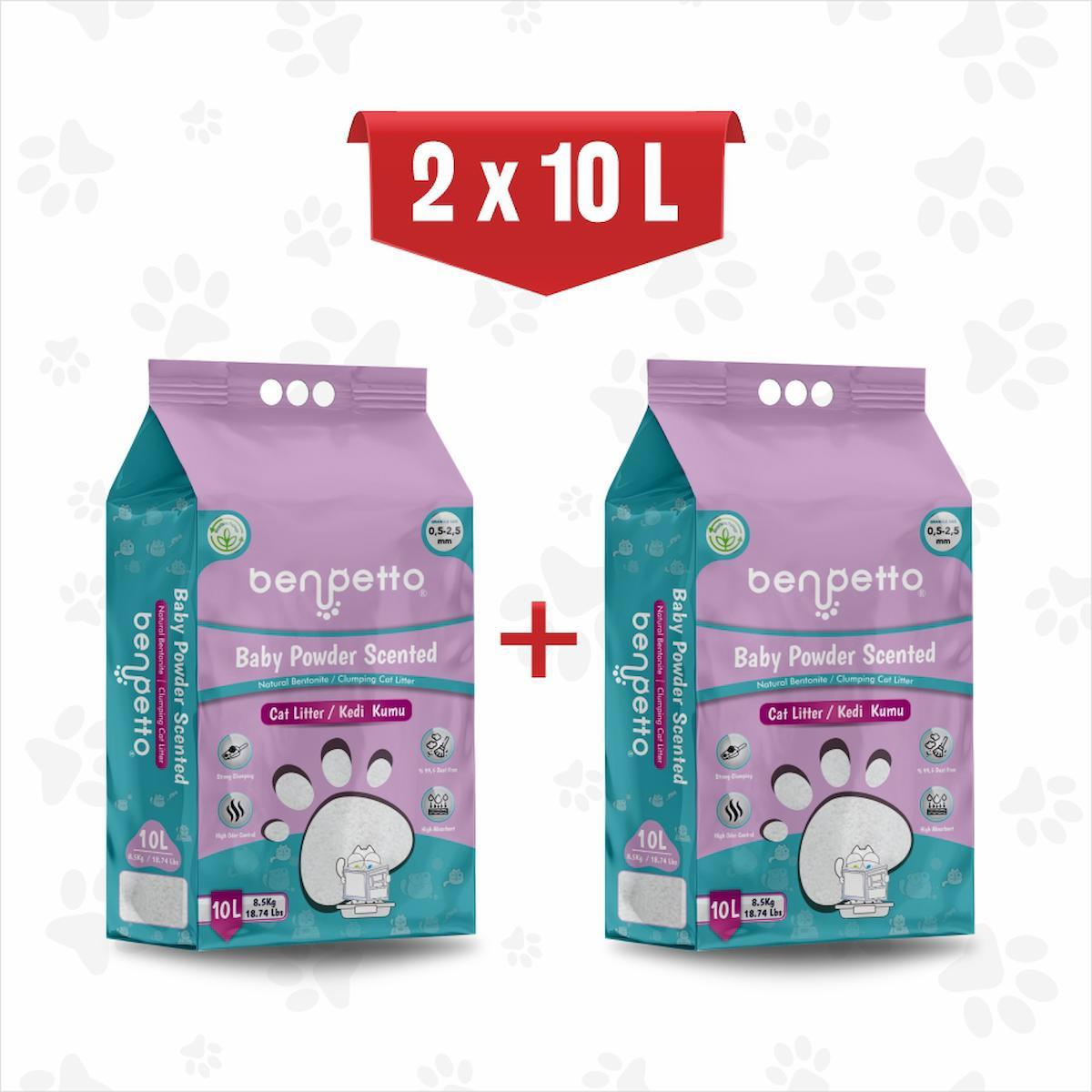 Benpetto Bebek Pudralı Topaklanan İnce Taneli Bentonit Kedi Kumu 2 x 10 lt