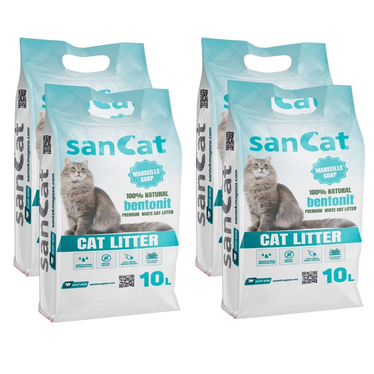 Sancat Marsilya Sabunu Kokulu Topaklanan İnce Taneli Bentonit Kedi Kumu 4 x 10 lt