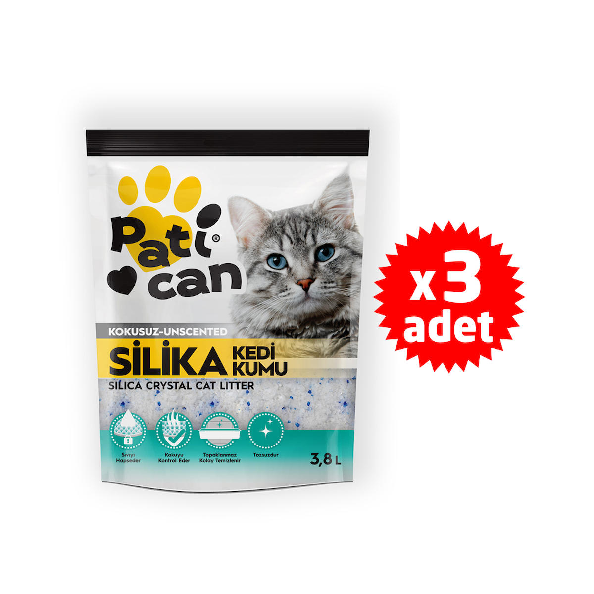 Patican Kokusuz Kalın Taneli Kristal - Silika Kedi Kumu 3 x 3.8 lt