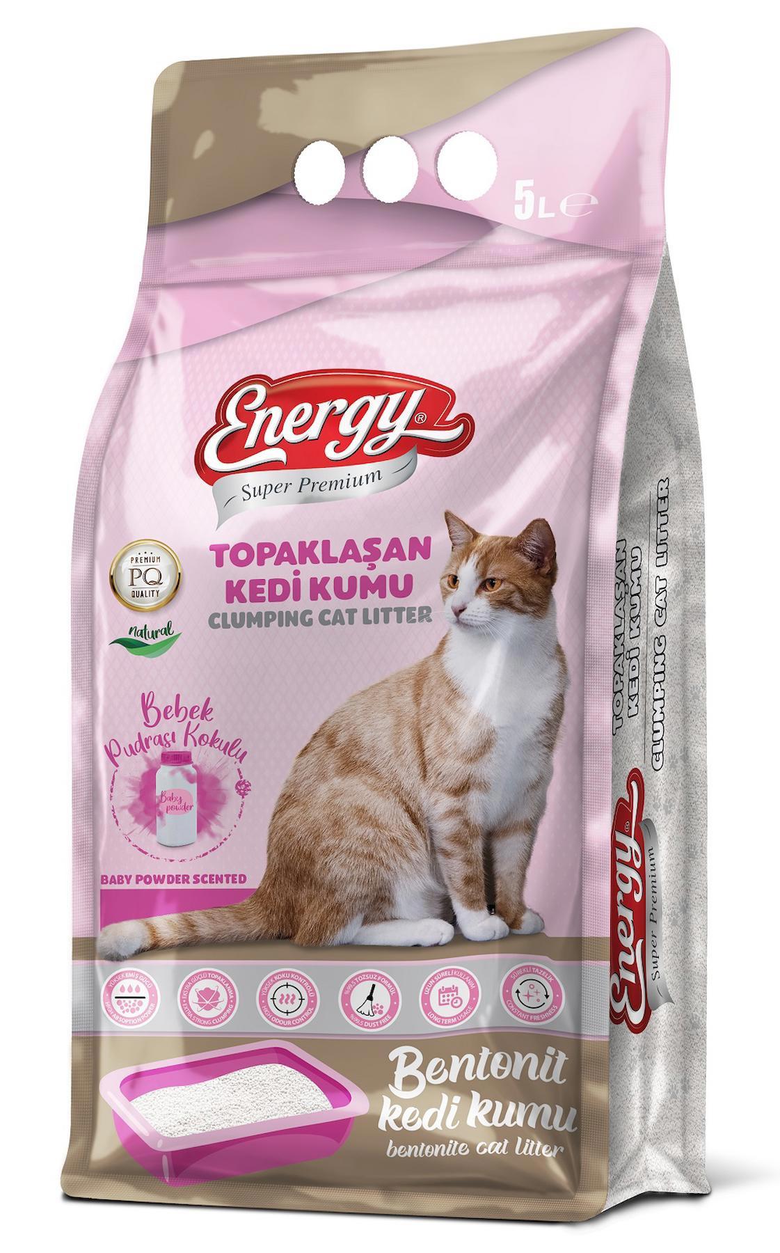 Energy Bebek Pudralı Topaklanan İnce Taneli Bentonit Kedi Kumu 5 lt