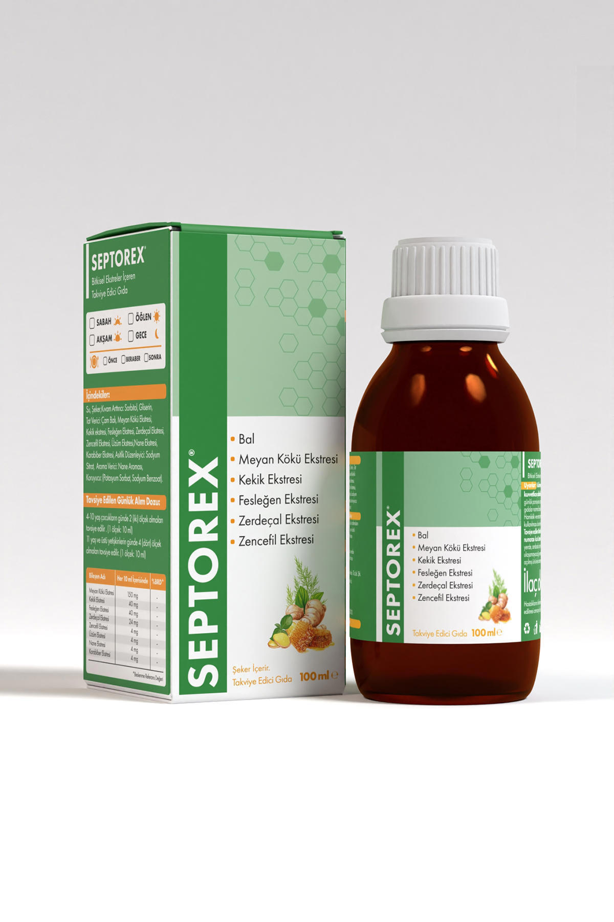 Septorex Ballı Zencefilli Kekikli Aromalı Yetişkin Bitkisel Besin Desteği 100 ml