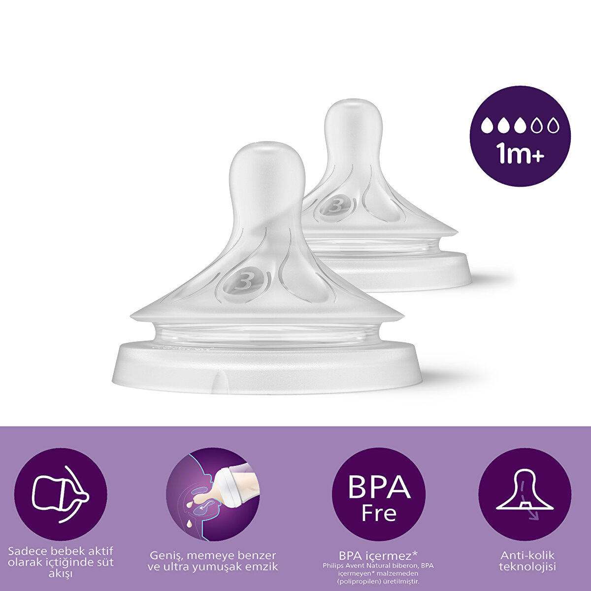 Philips Avent Natural Response Silikon 1+ Ay Orta Akışlı Geniş Ağızlı 2'li Biberon Emziği