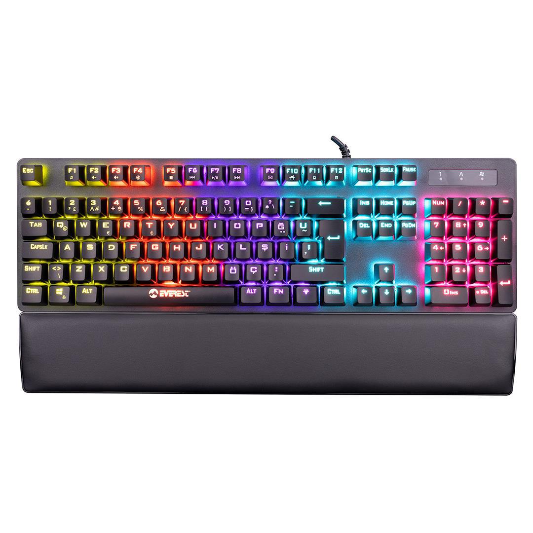 Everest KB-GX7 Türkçe Q 104 Tuşlu Blue Switch Kablolu Siyah Bilek Destekli Mekanik Gaming Klavye